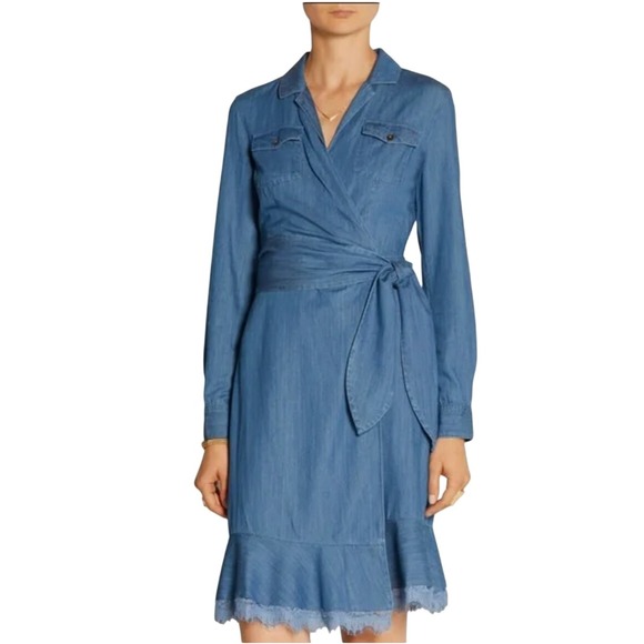 DIANE VON FURSTENBERG DVF "Aya" Tie Waist‎ Raw Hem Chambray Blue Wrap Dress 2 - Picture 3 of 7